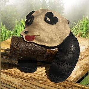 Antique Leather and Wood Panda Bear Brooch #6867